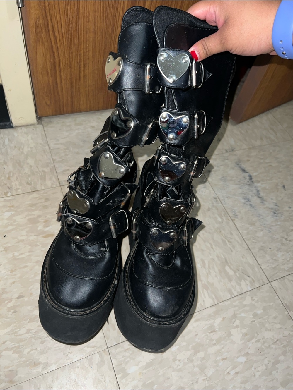 Demonia Black Platform Buckle Heart Boots